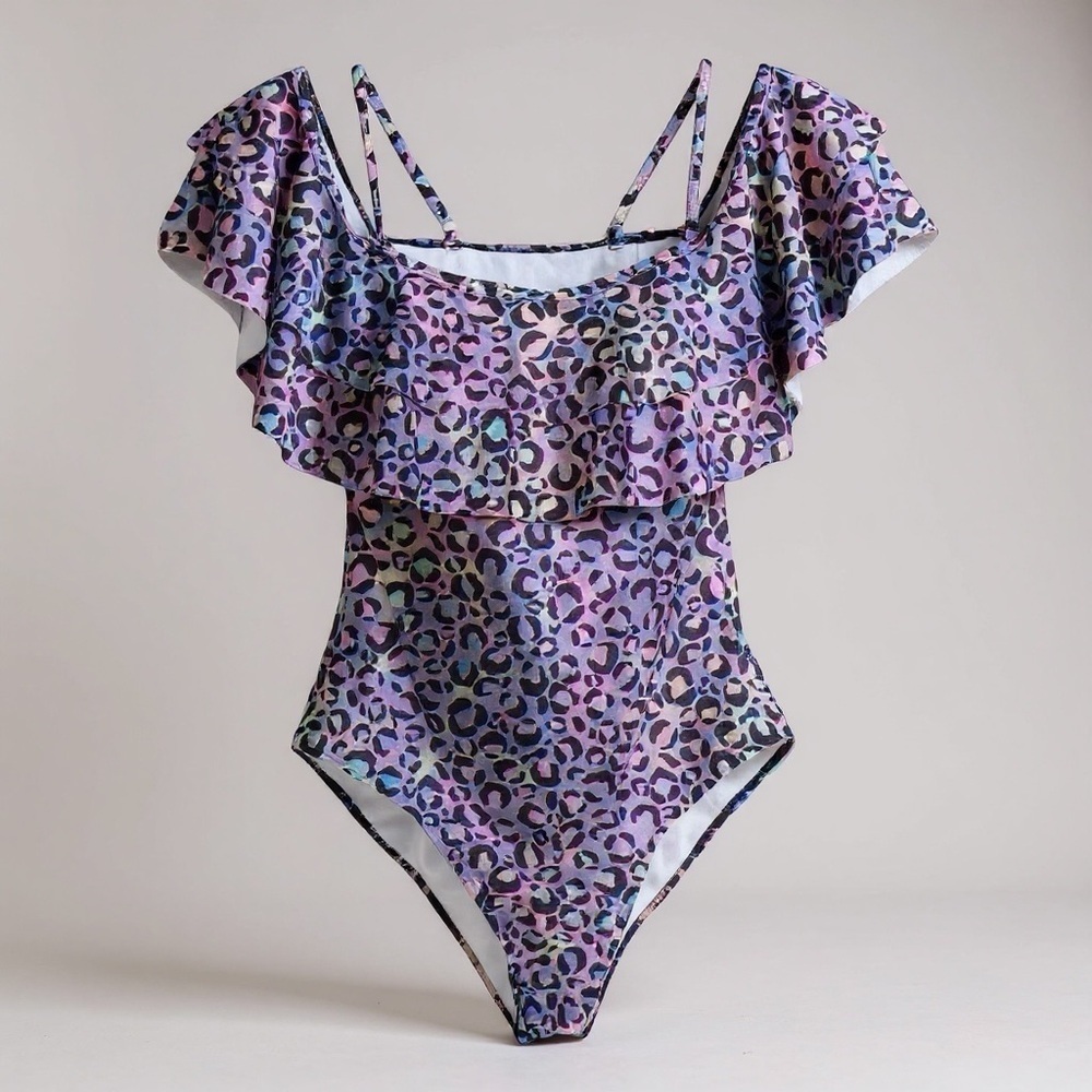 Girls Juniors One Piece Swimsuit Ruffled Off Shoulder RainbowCheetah Print S NEW